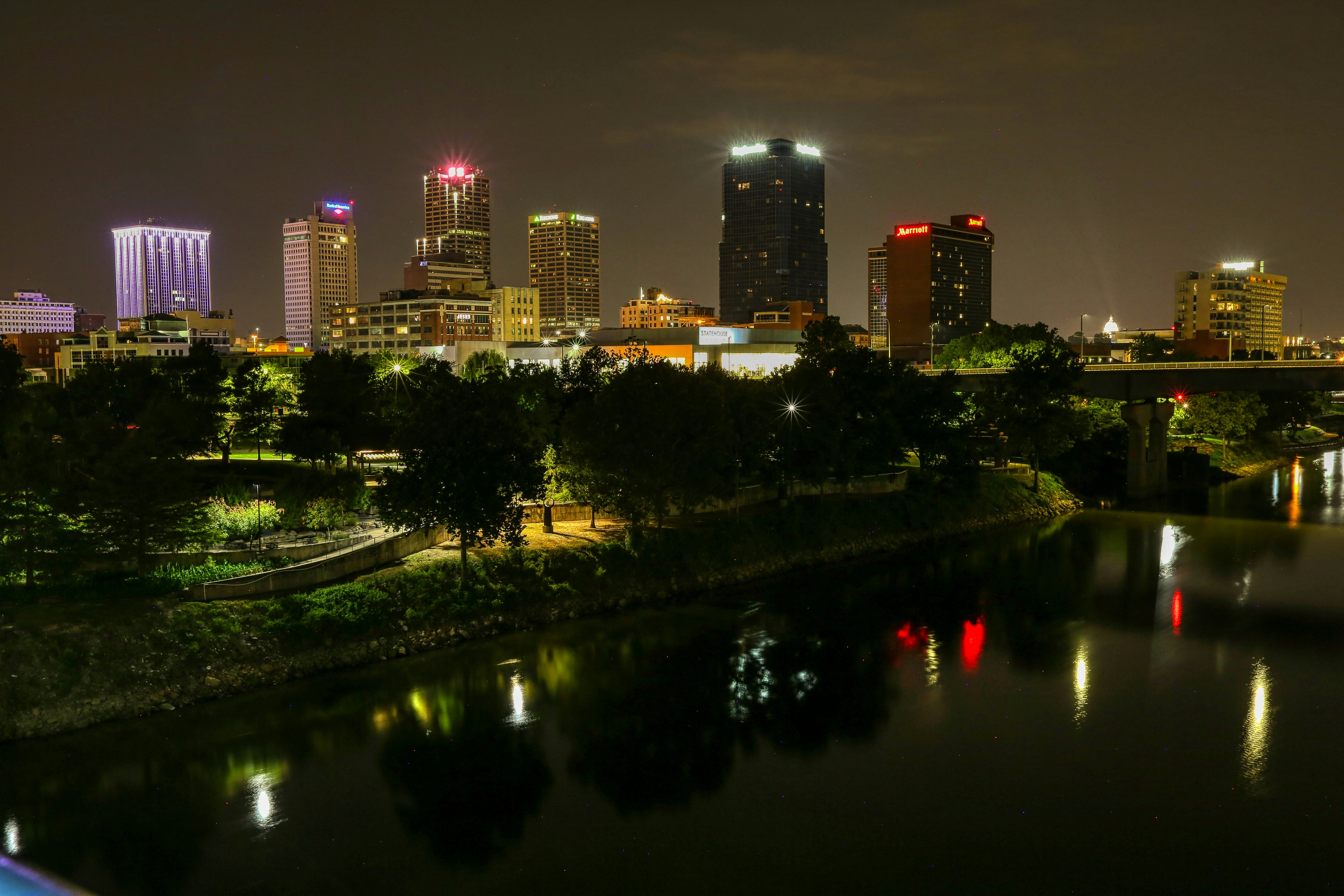 city skyline during night time